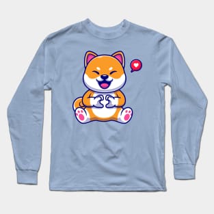 Cute Shiba Inu Dog With Love Sign Hand Cartoon Long Sleeve T-Shirt